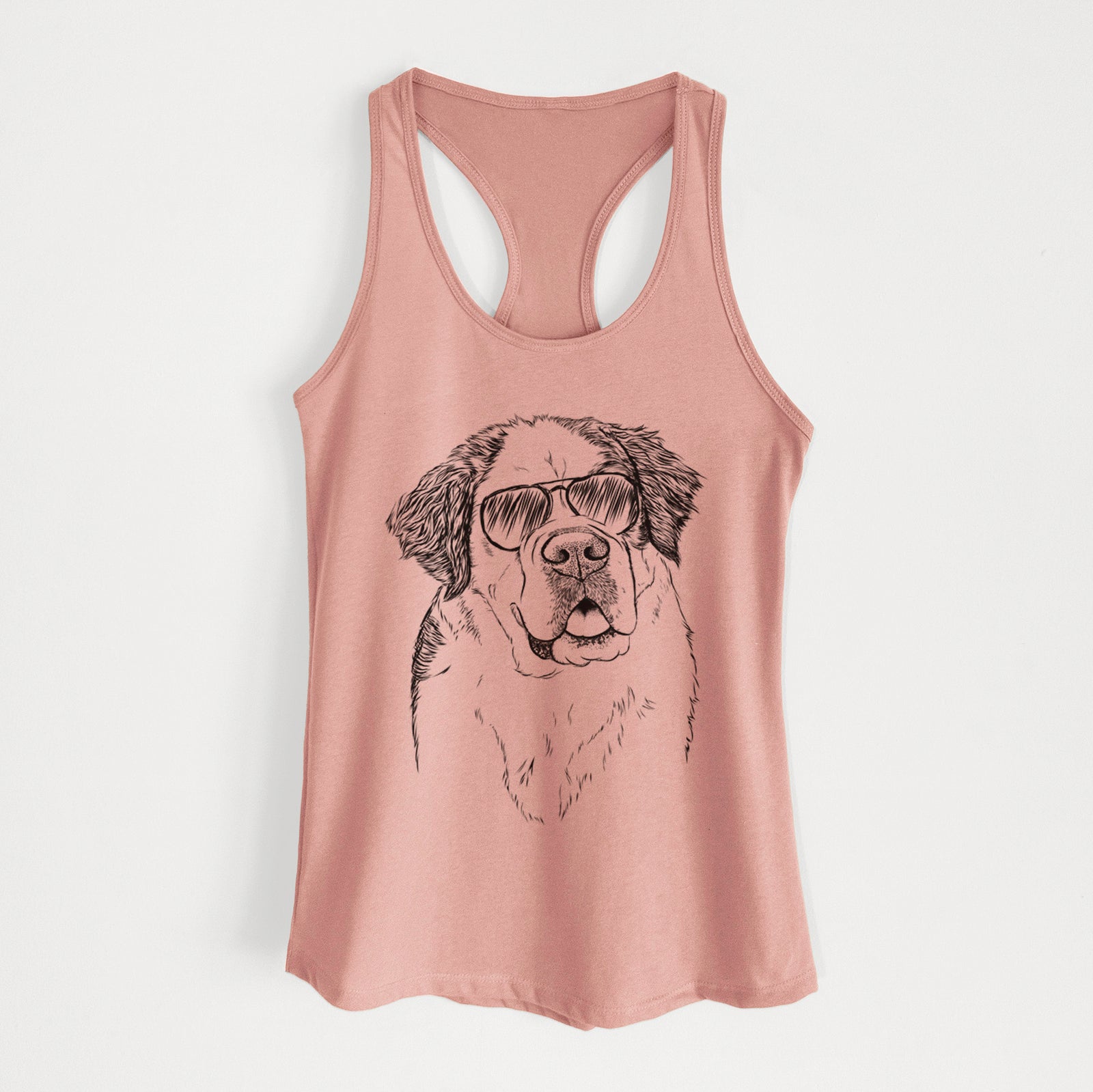 Hand-drawn sketch of Hook the Saint Bernard wearing aviator sunglasses on a Desert Pink Women's racerback tanktop