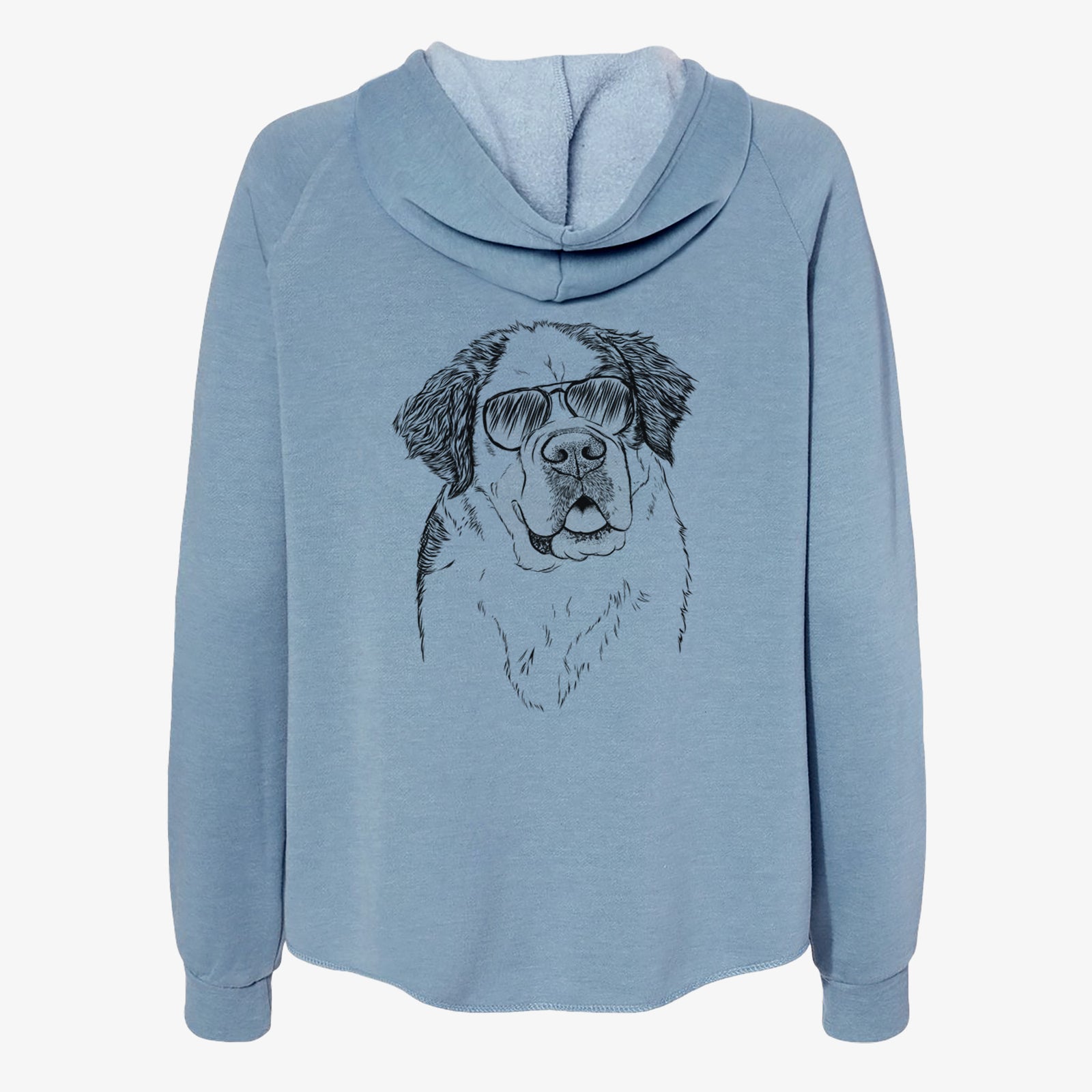Hand-drawn sketch of Hook the Saint Bernard wearing aviator sunglasses on a Misty Blue Women's cali wave zip-up sweatshirt