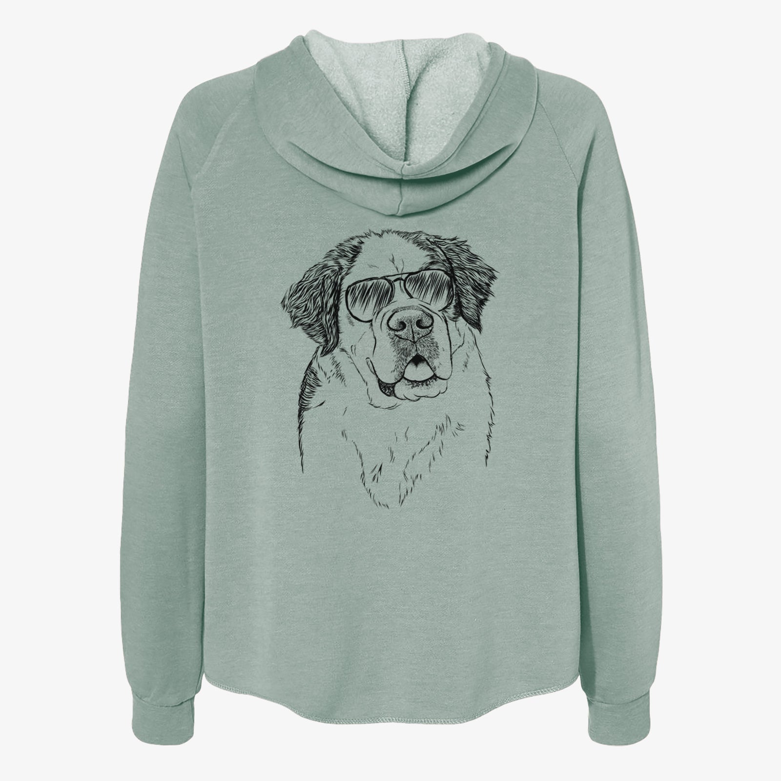 Hand-drawn sketch of Hook the Saint Bernard wearing aviator sunglasses on a Sage Women's cali wave zip-up sweatshirt