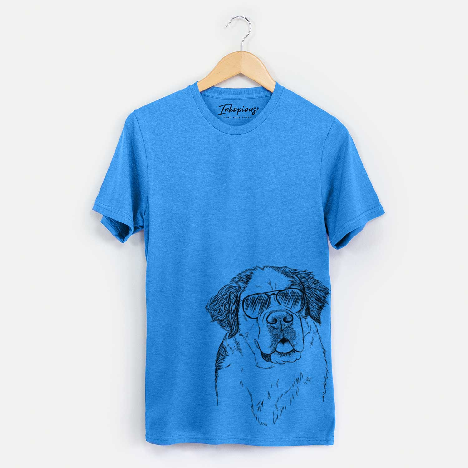 Hand-drawn sketch of Hook the Saint Bernard wearing aviator sunglasses on a Blue Unisex crewneck