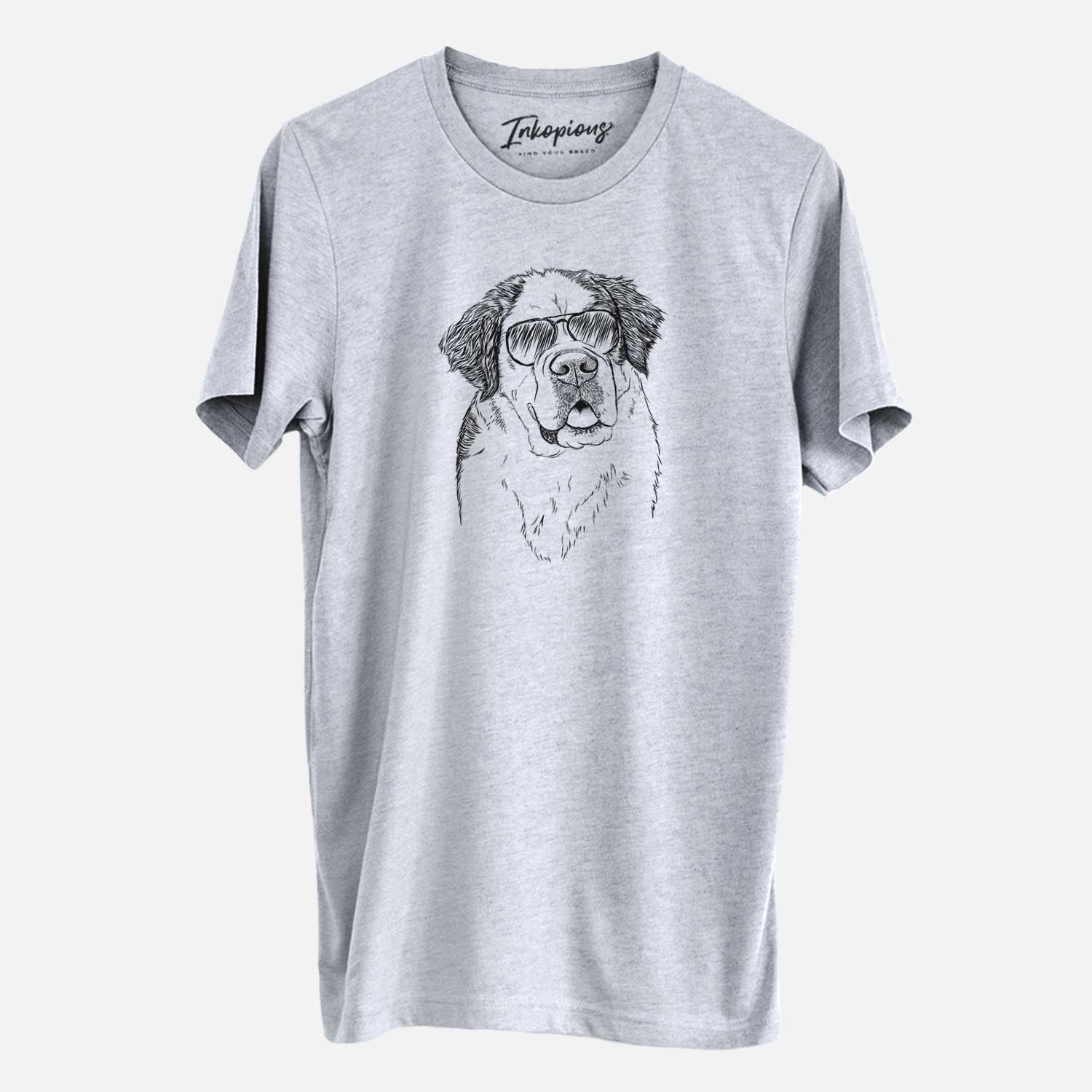 Hand-drawn sketch of Hook the Saint Bernard wearing aviator sunglasses on a Grey Unisex crewneck