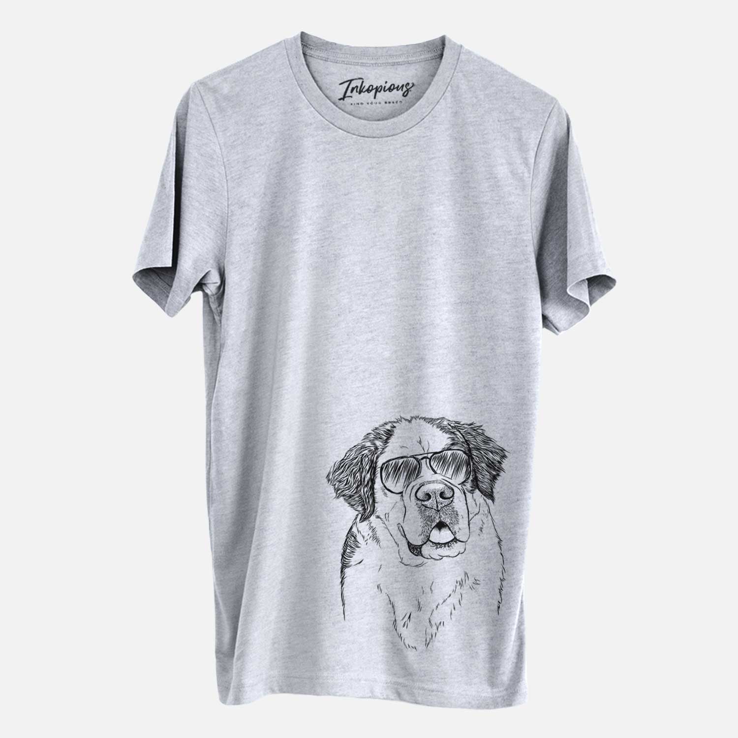 Hand-drawn sketch of Hook the Saint Bernard wearing aviator sunglasses on a Grey Unisex crewneck
