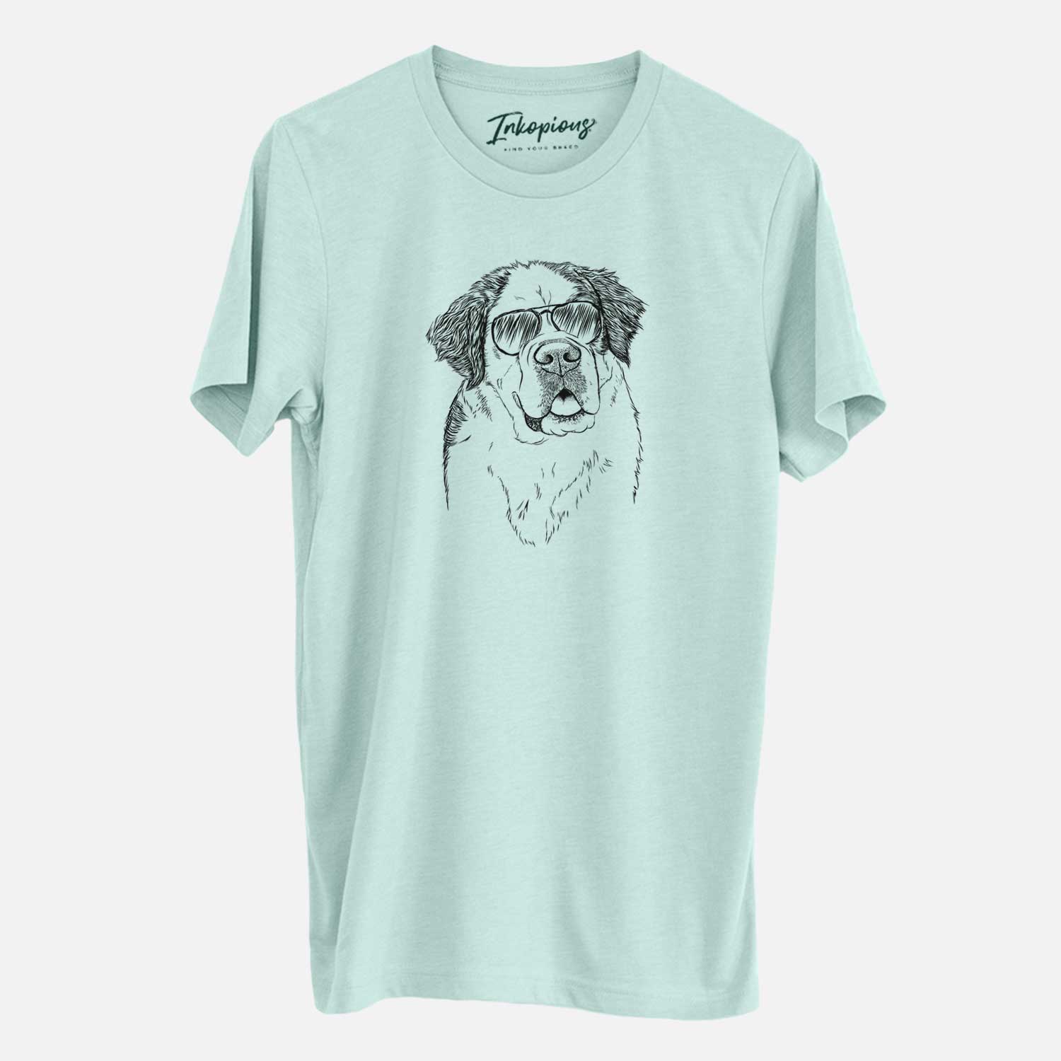 Hand-drawn sketch of Hook the Saint Bernard wearing aviator sunglasses on a Heather Sage Unisex crewneck
