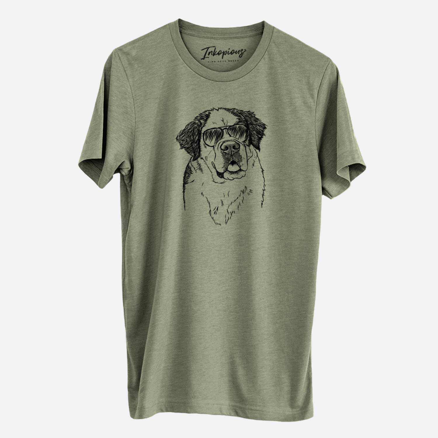 Hand-drawn sketch of Hook the Saint Bernard wearing aviator sunglasses on an Olive Unisex crewneck