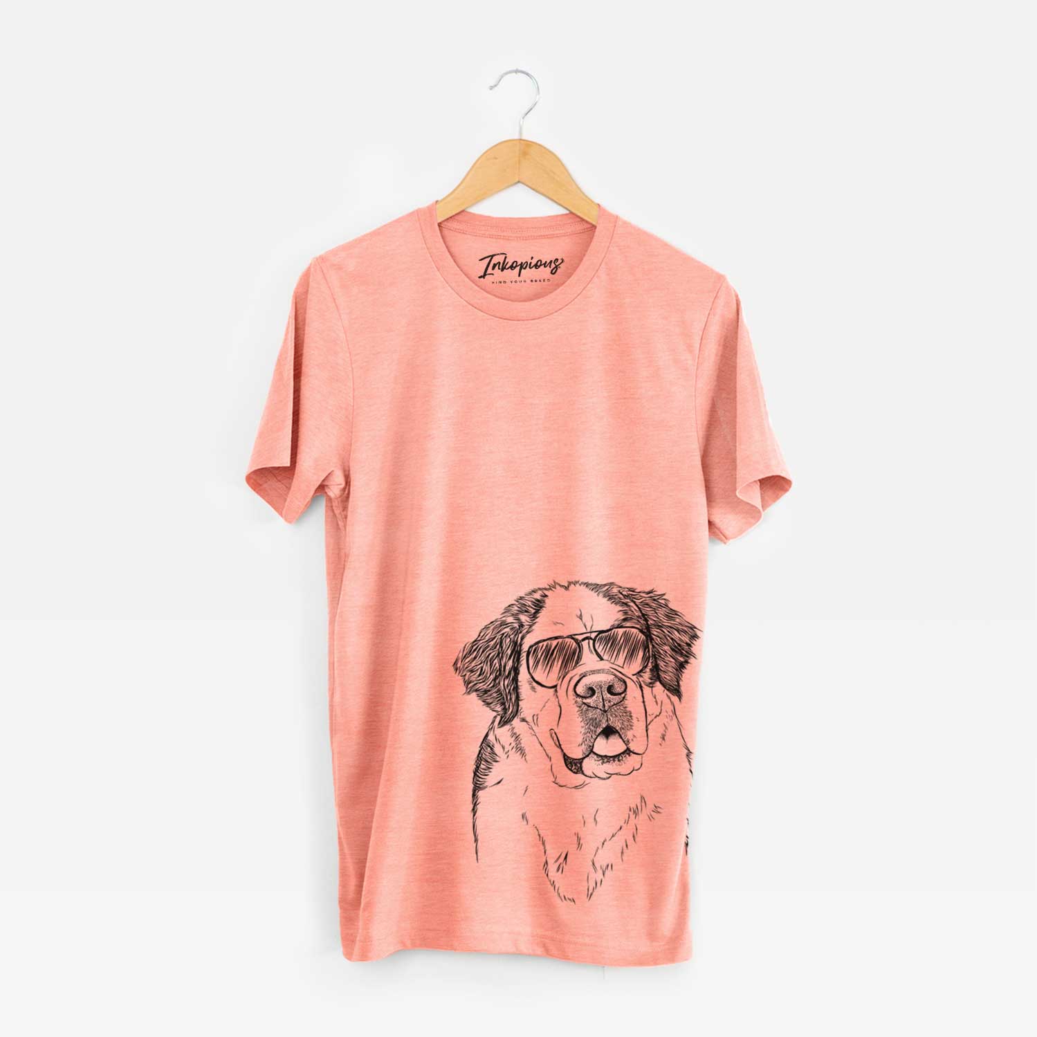 Hand-drawn sketch of Hook the Saint Bernard wearing aviator sunglasses on a Sunset Unisex crewneck