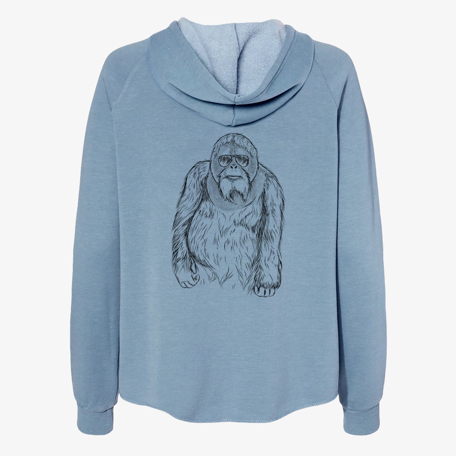 Hand-drawn sketch of Horace the Male Orangutan wearing aviator sunglasses on a Misty Blue Women's cali wave zip-up sweatshirt