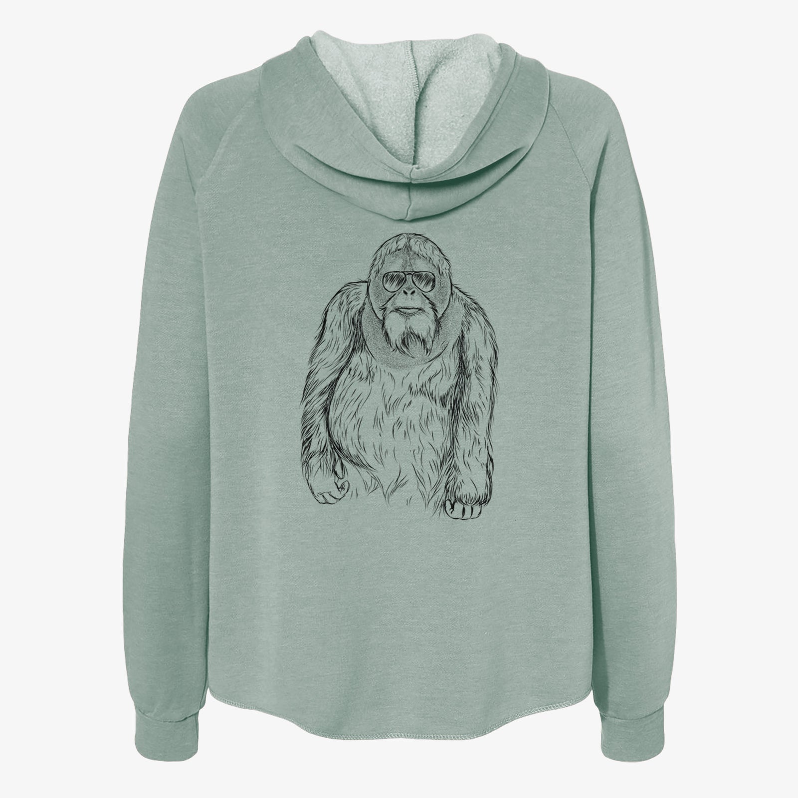 Hand-drawn sketch of Horace the Male Orangutan wearing aviator sunglasses on a Sage Women's cali wave zip-up sweatshirt