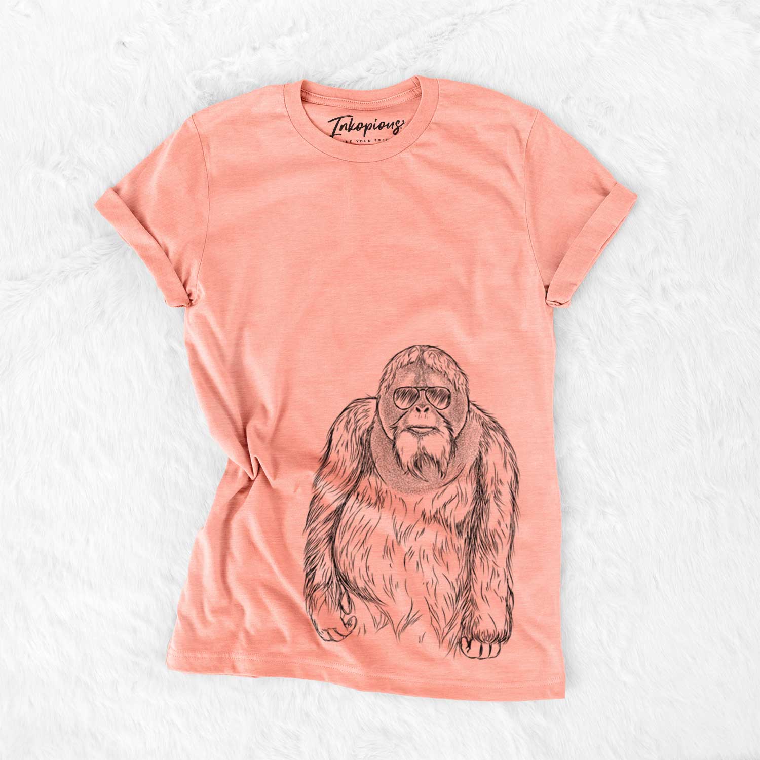 Hand-drawn sketch of Horace the Male Orangutan wearing aviator sunglasses on a Sunset Bella Canvas Unisex Crewneck