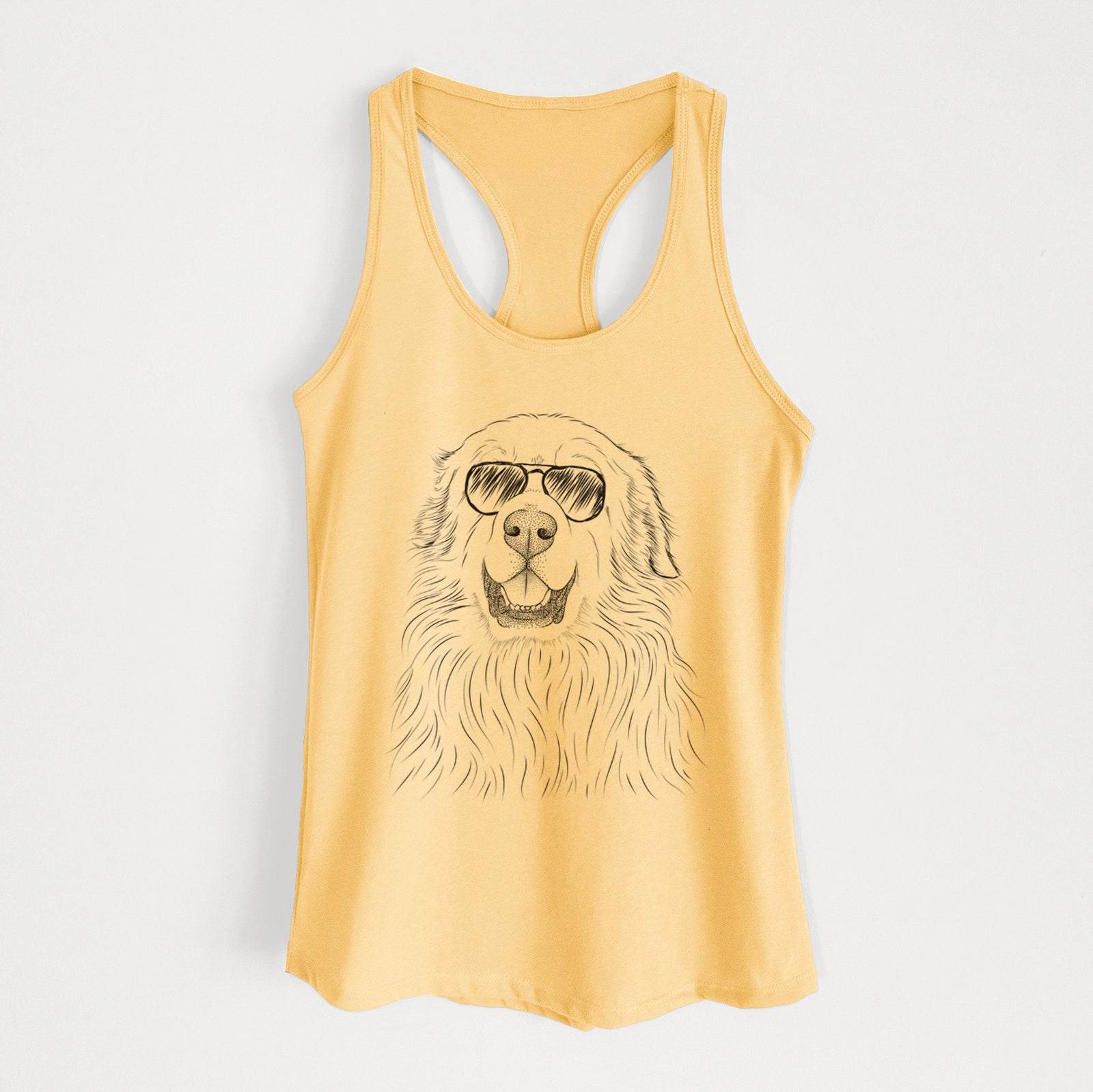 Hand-drawn sketch of Horton the Great Pyrenees wearing aviator sunglasses on a Banana Cream Women's racerback tanktop