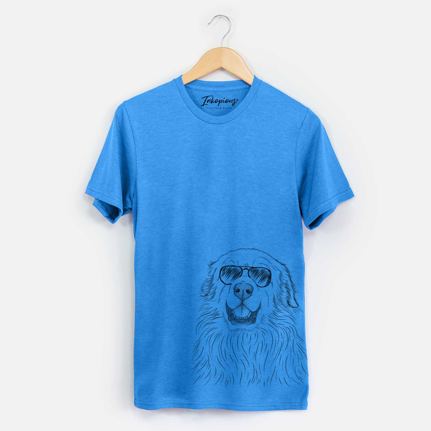 Hand-drawn sketch of Horton the Great Pyrenees wearing aviator sunglasses on a Blue Unisex crewneck