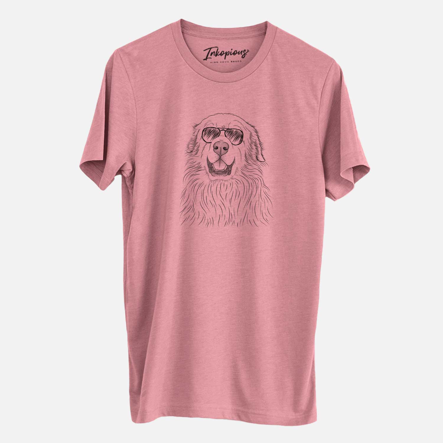 Hand-drawn sketch of Horton the Great Pyrenees wearing aviator sunglasses on a Mauve Unisex crewneck