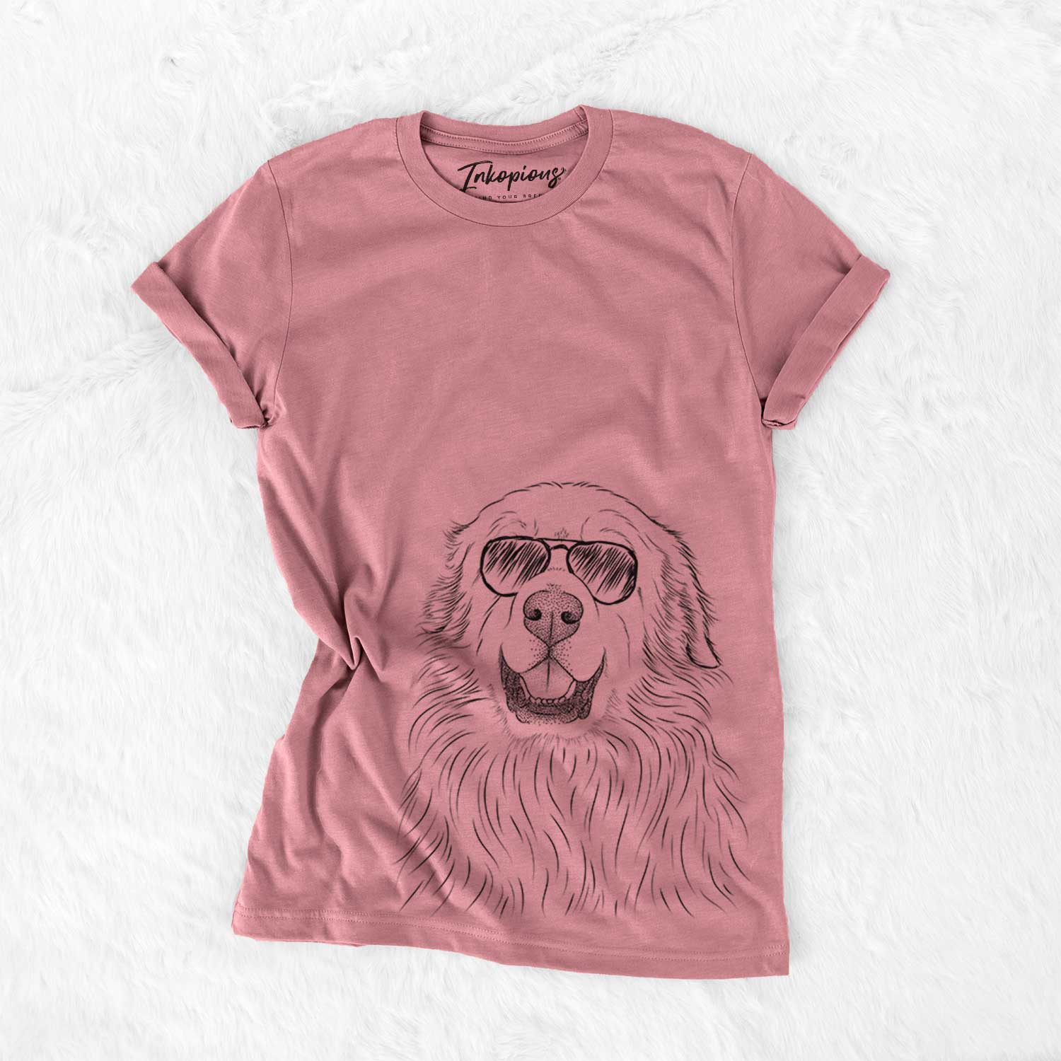 Hand-drawn sketch of Horton the Great Pyrenees wearing aviator sunglasses on a Mauve Bella Canvas Unisex Crewneck