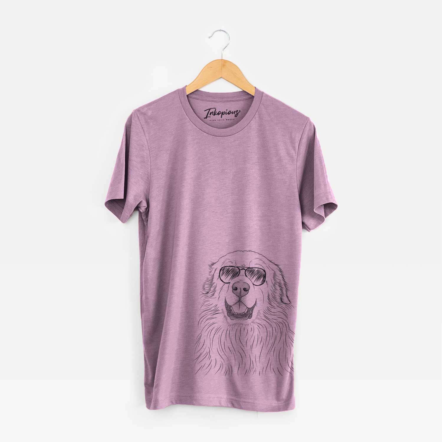Hand-drawn sketch of Horton the Great Pyrenees wearing aviator sunglasses on an Orchid Unisex crewneck