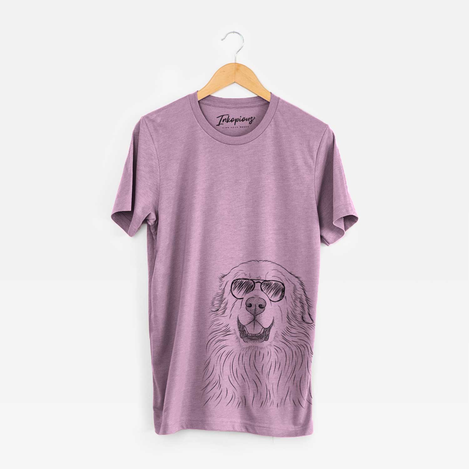 Hand-drawn sketch of Horton the Great Pyrenees wearing aviator sunglasses on an Orchid Bella Canvas Unisex Crewneck