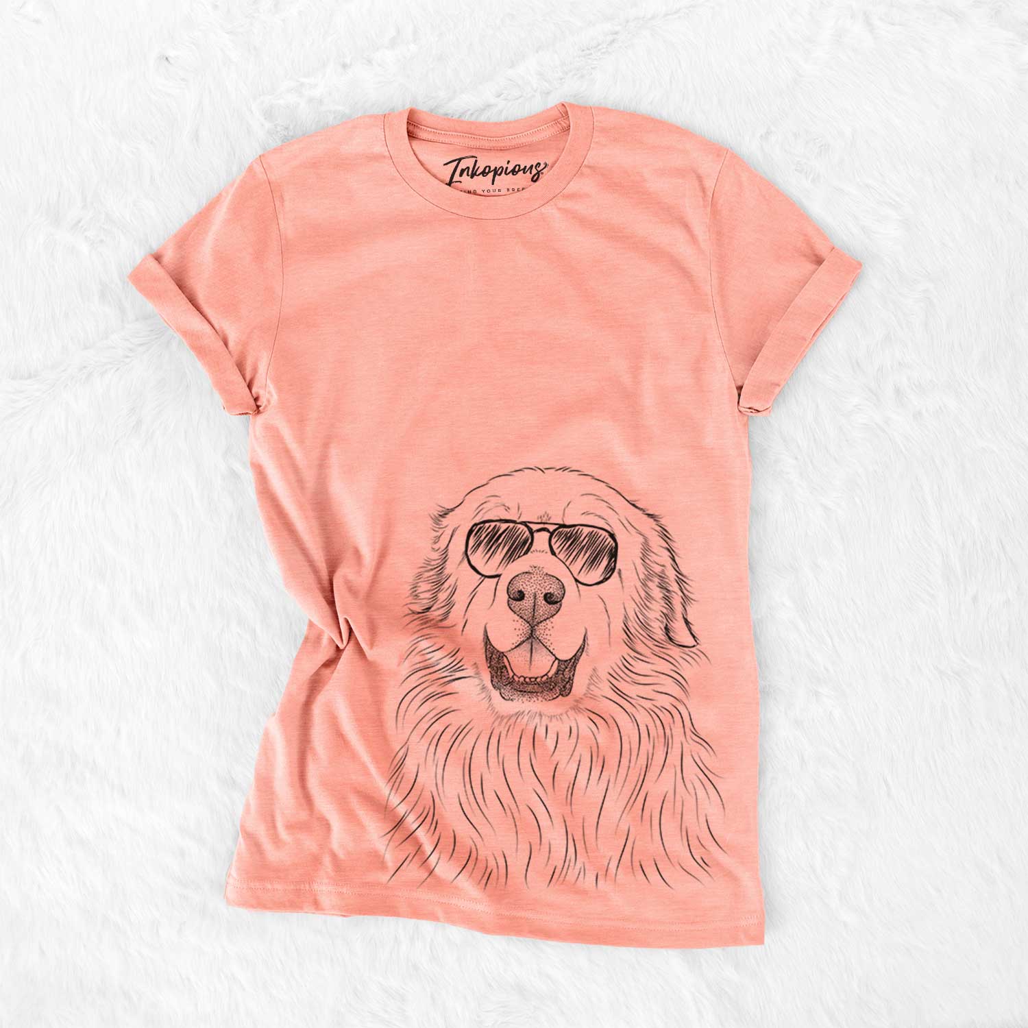Hand-drawn sketch of Horton the Great Pyrenees wearing aviator sunglasses on a Sunset Bella Canvas Unisex Crewneck