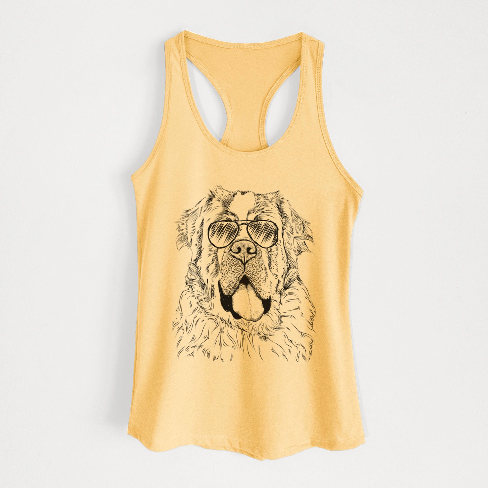 Hand-drawn sketch of Hoss the Saint Bernard wearing aviator sunglasses on a Banana Cream Women's racerback tanktop