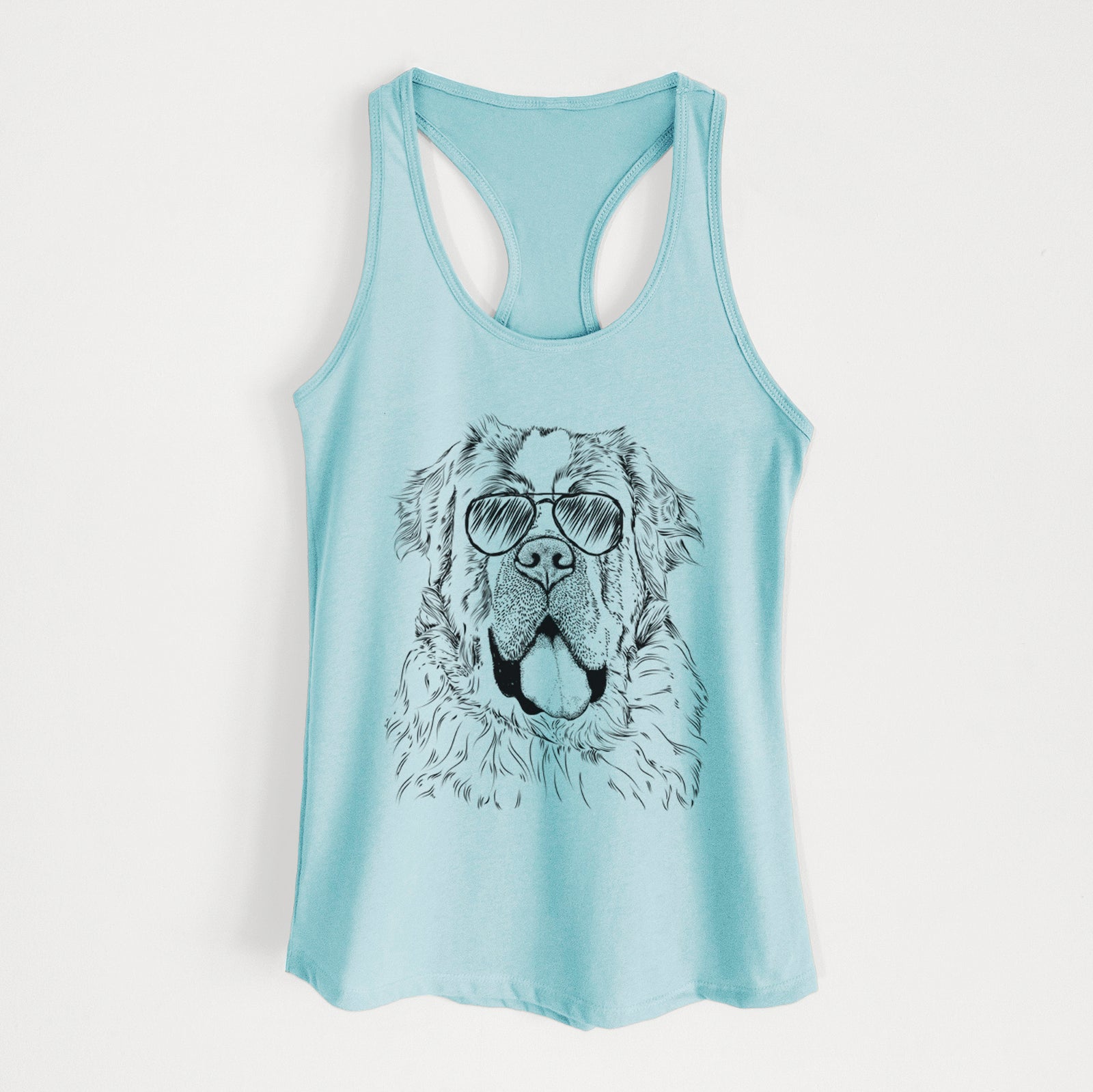 Hand-drawn sketch of Hoss the Saint Bernard wearing aviator sunglasses on a Cancun Blue Women's racerback tanktop