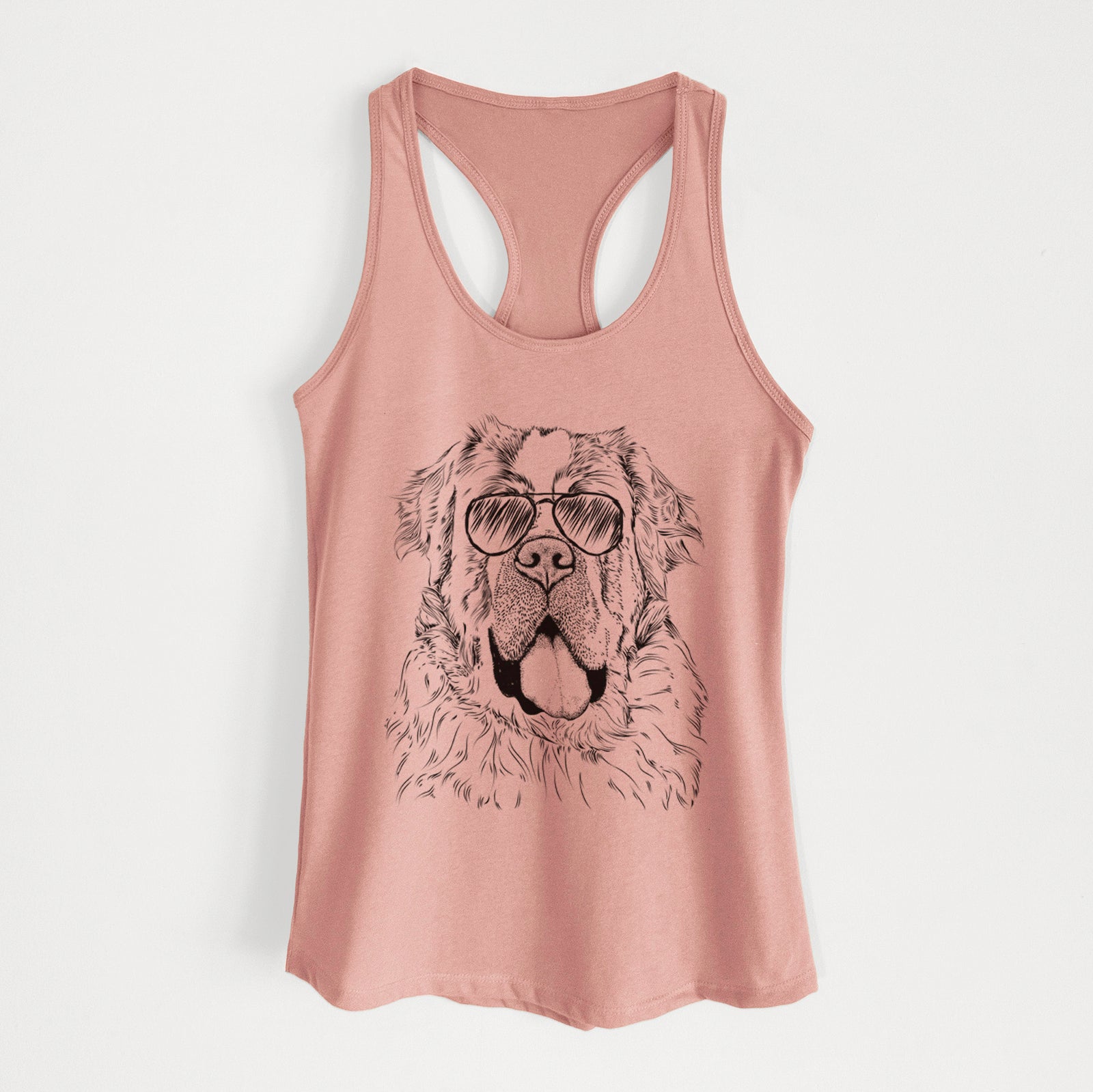 Hand-drawn sketch of Hoss the Saint Bernard wearing aviator sunglasses on a Desert Pink Women's racerback tanktop