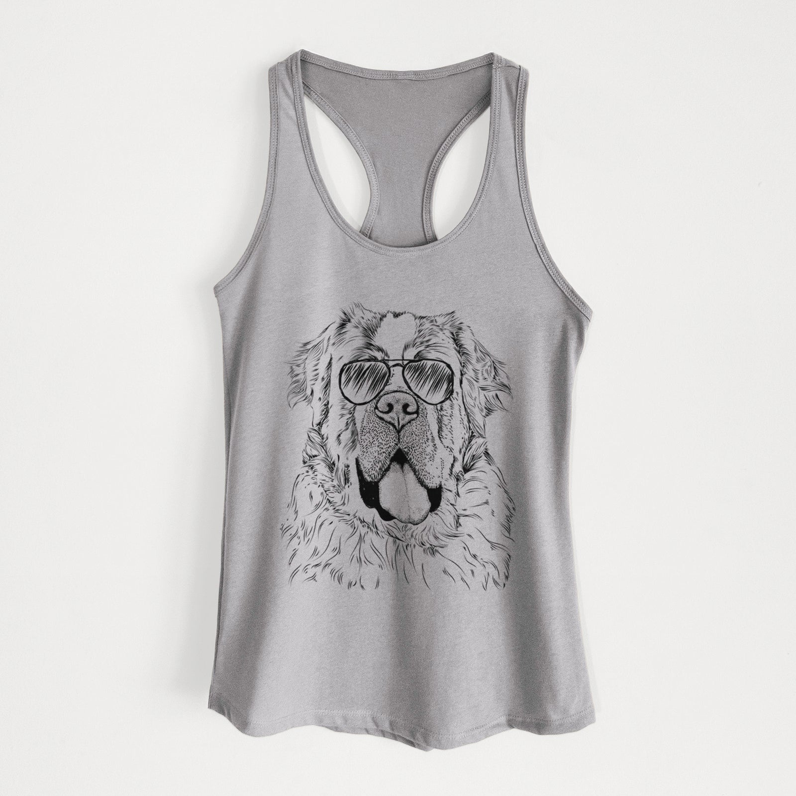 Hand-drawn sketch of Hoss the Saint Bernard wearing aviator sunglasses on a Heather Grey Women's racerback tanktop
