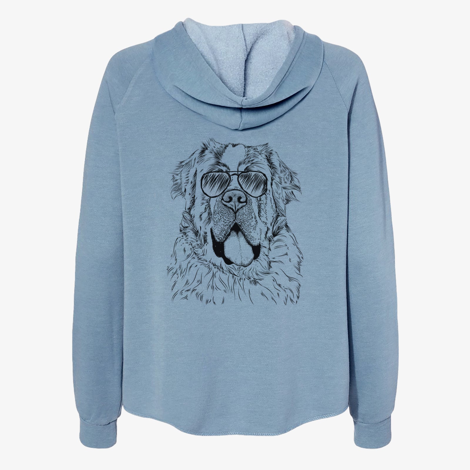 Hand-drawn sketch of Hoss the Saint Bernard wearing aviator sunglasses on a Misty Blue Women's cali wave zip-up sweatshirt