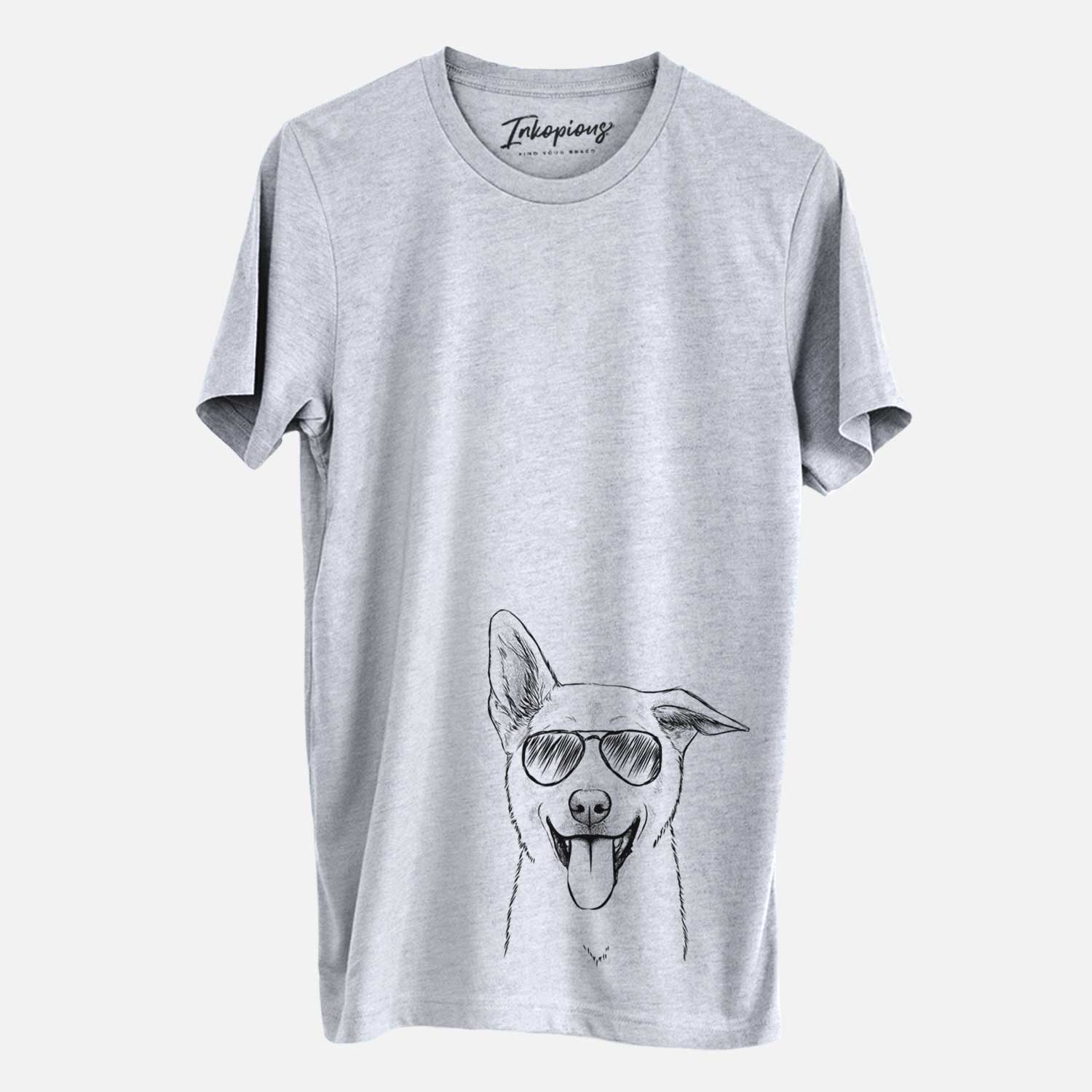Hand-drawn sketch of Hoya the Korean Jindo wearing aviator sunglasses on a Grey Unisex crewneck