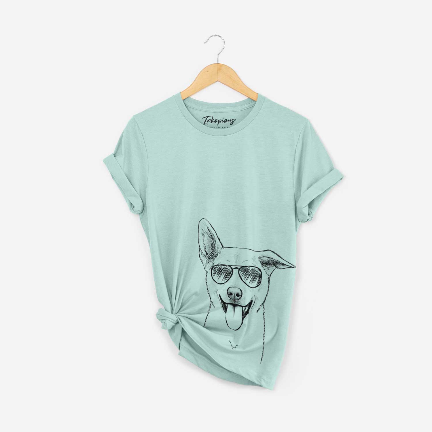 Hand-drawn sketch of Hoya the Korean Jindo wearing aviator sunglasses on a Heather Sage Bella Canvas Unisex Crewneck