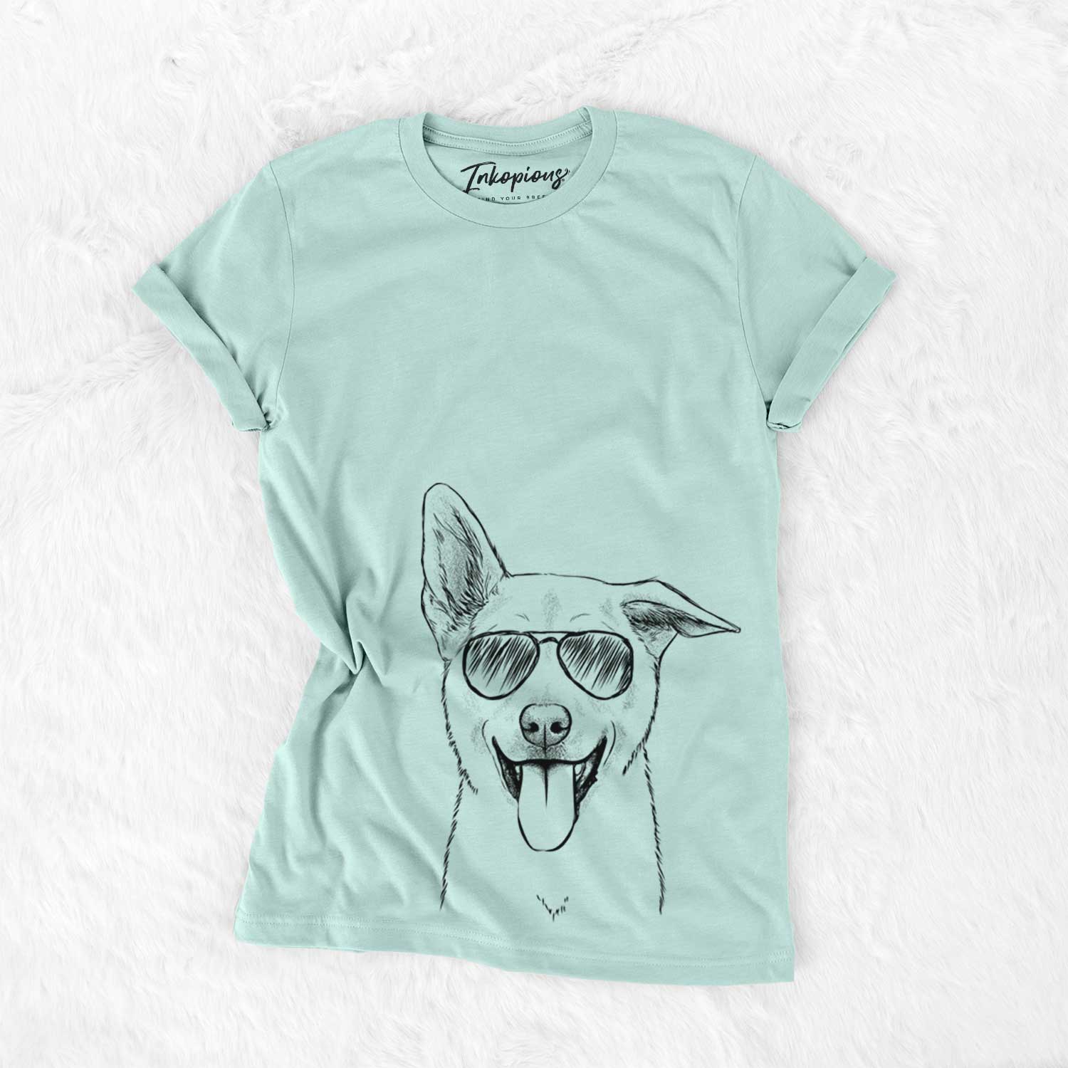 Hand-drawn sketch of Hoya the Korean Jindo wearing aviator sunglasses on a Heather Sage Unisex crewneck