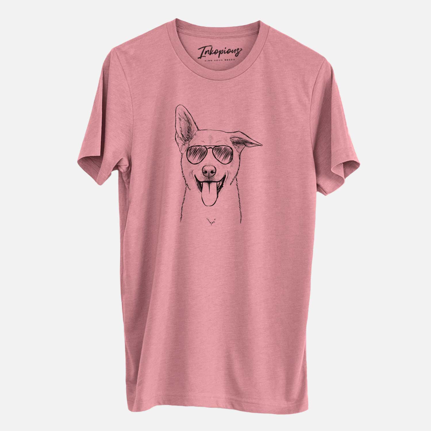 Hand-drawn sketch of Hoya the Korean Jindo wearing aviator sunglasses on a Mauve Unisex crewneck