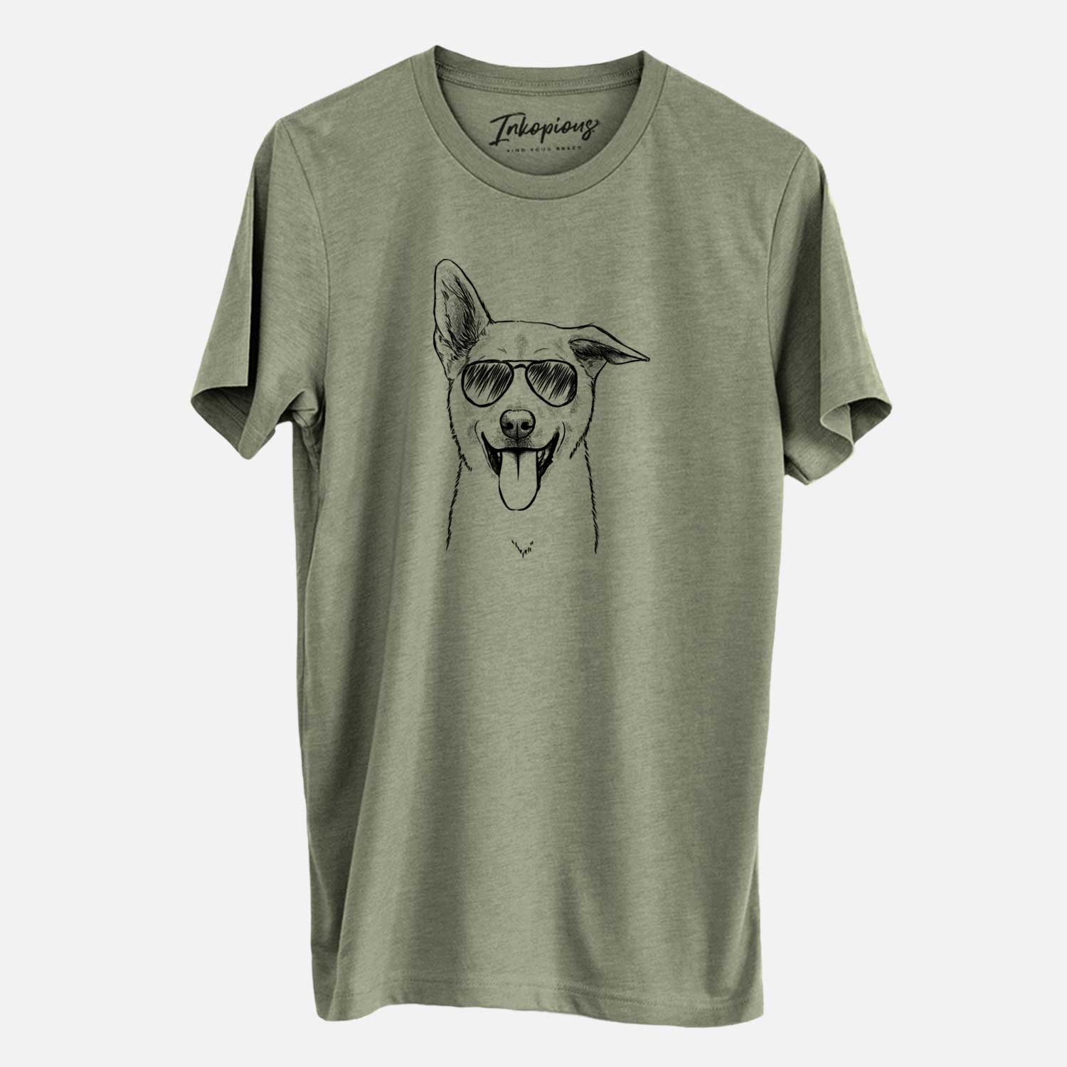 Hand-drawn sketch of Hoya the Korean Jindo wearing aviator sunglasses on an Olive Unisex crewneck