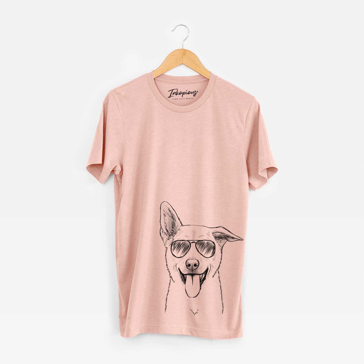 Hand-drawn sketch of Hoya the Korean Jindo wearing aviator sunglasses on a Peach Unisex crewneck