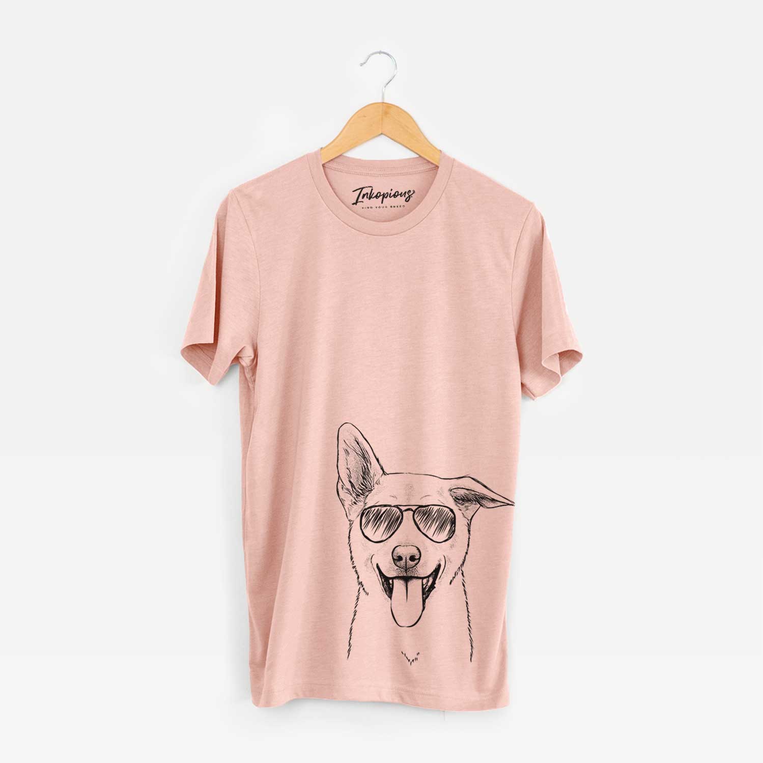 Hand-drawn sketch of Hoya the Korean Jindo wearing aviator sunglasses on a Peach Bella Canvas Unisex Crewneck
