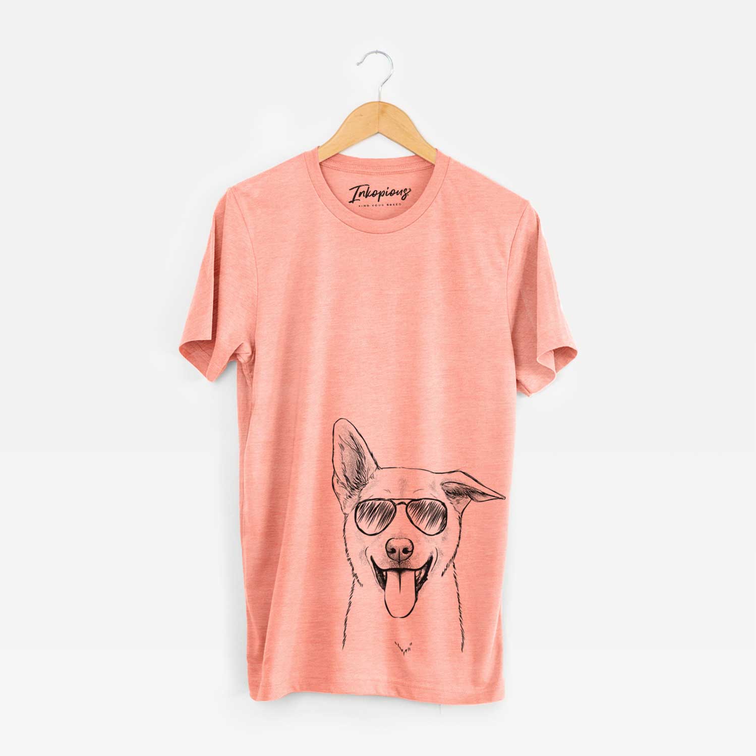 Hand-drawn sketch of Hoya the Korean Jindo wearing aviator sunglasses on a Sunset Unisex crewneck