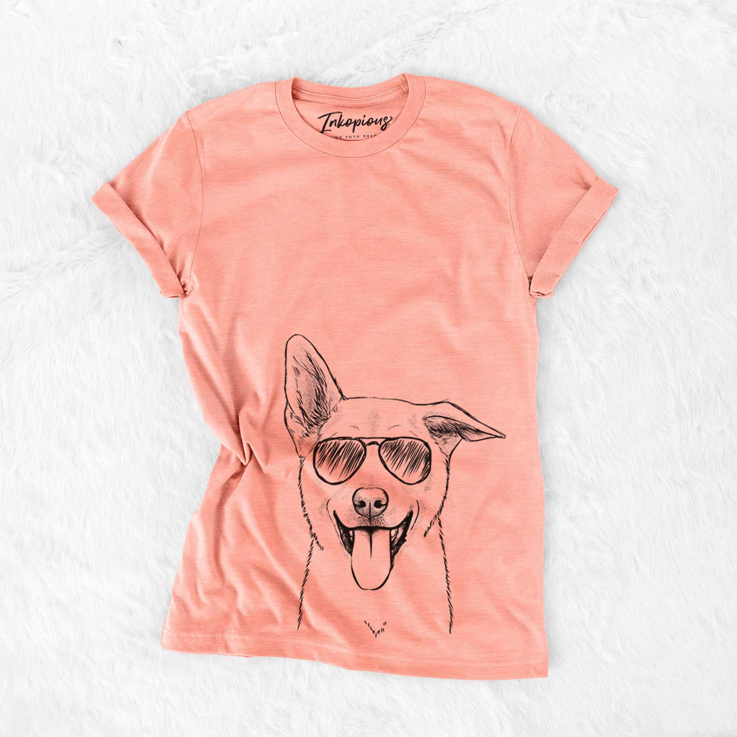 Hand-drawn sketch of Hoya the Korean Jindo wearing aviator sunglasses on a Sunset Bella Canvas Unisex Crewneck