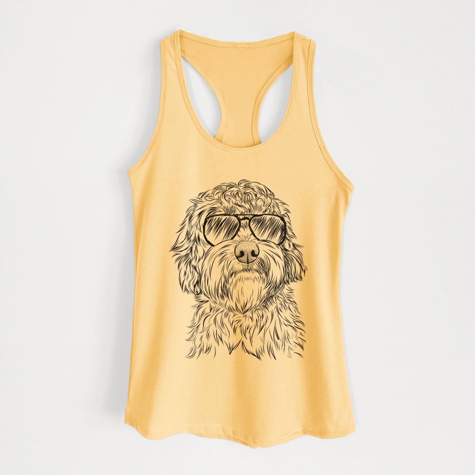 Hand-drawn sketch of Huckleberry the Australian Labradoodle wearing aviator sunglasses on a Banana Cream Women's racerback tanktop