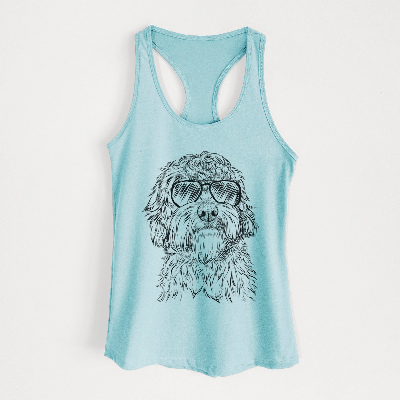 Hand-drawn sketch of Huckleberry the Australian Labradoodle wearing aviator sunglasses on a Cancun Blue Women's racerback tanktop