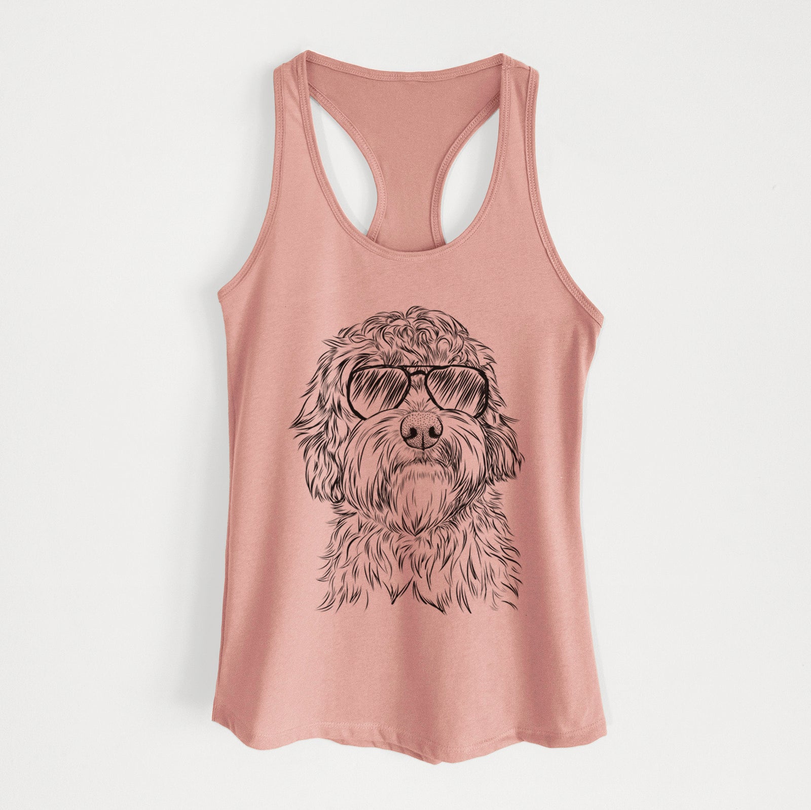 Hand-drawn sketch of Huckleberry the Australian Labradoodle wearing aviator sunglasses on a Desert Pink Women's racerback tanktop