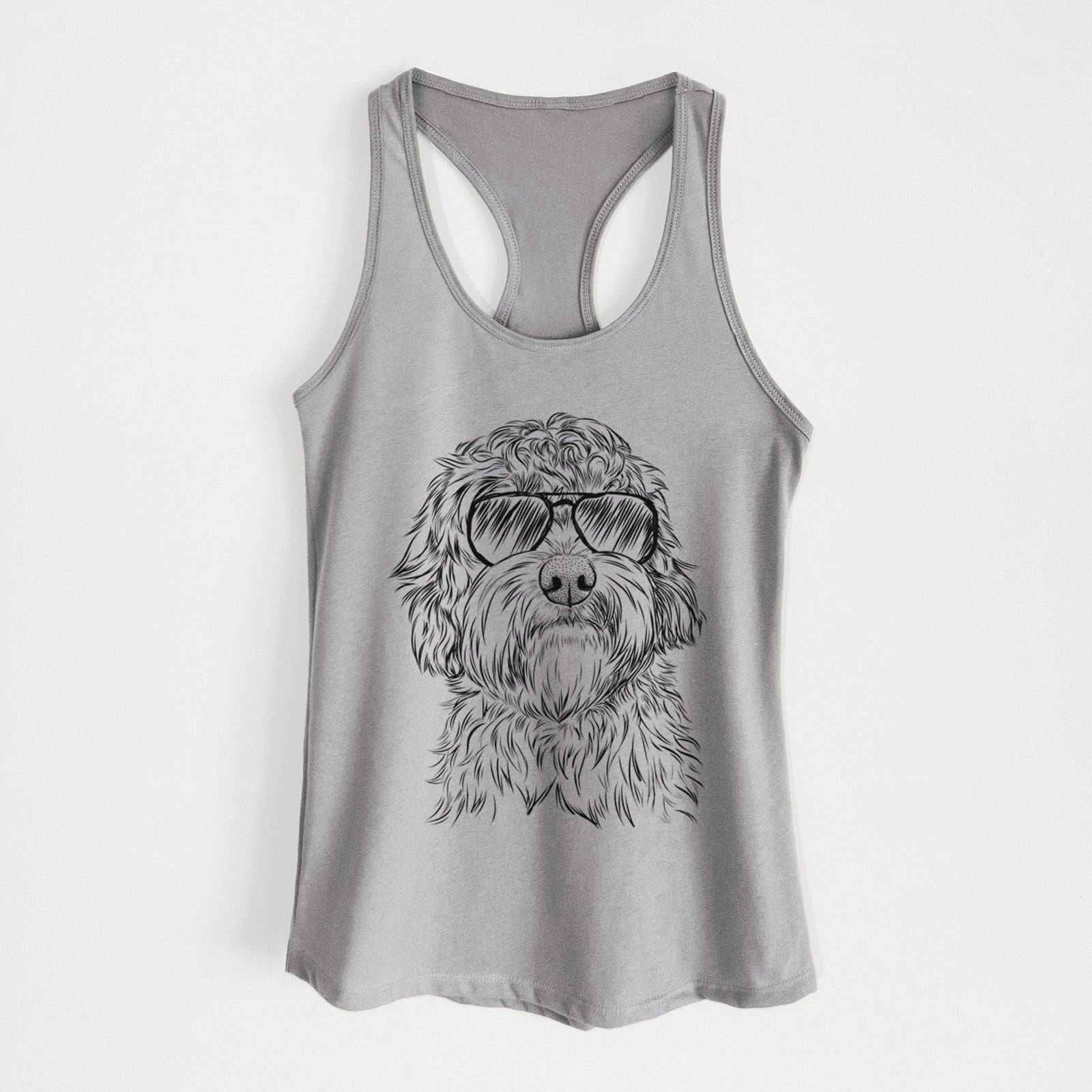 Hand-drawn sketch of Huckleberry the Australian Labradoodle wearing aviator sunglasses on a Heather Grey Women's racerback tanktop