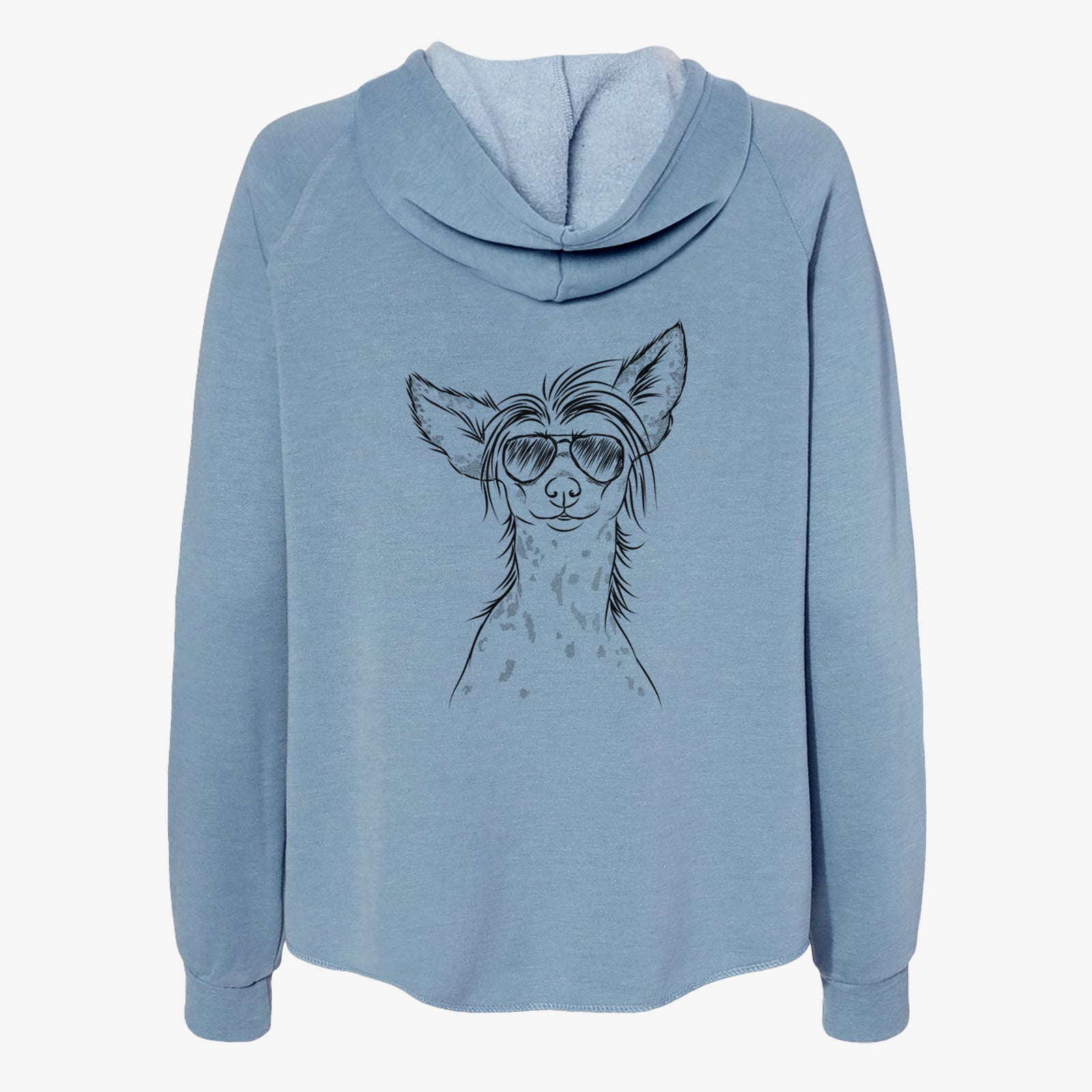 Hand-drawn sketch of Hudson the Chinese Crested wearing aviator sunglasses on a Misty Blue Women's cali wave zip-up sweatshirt