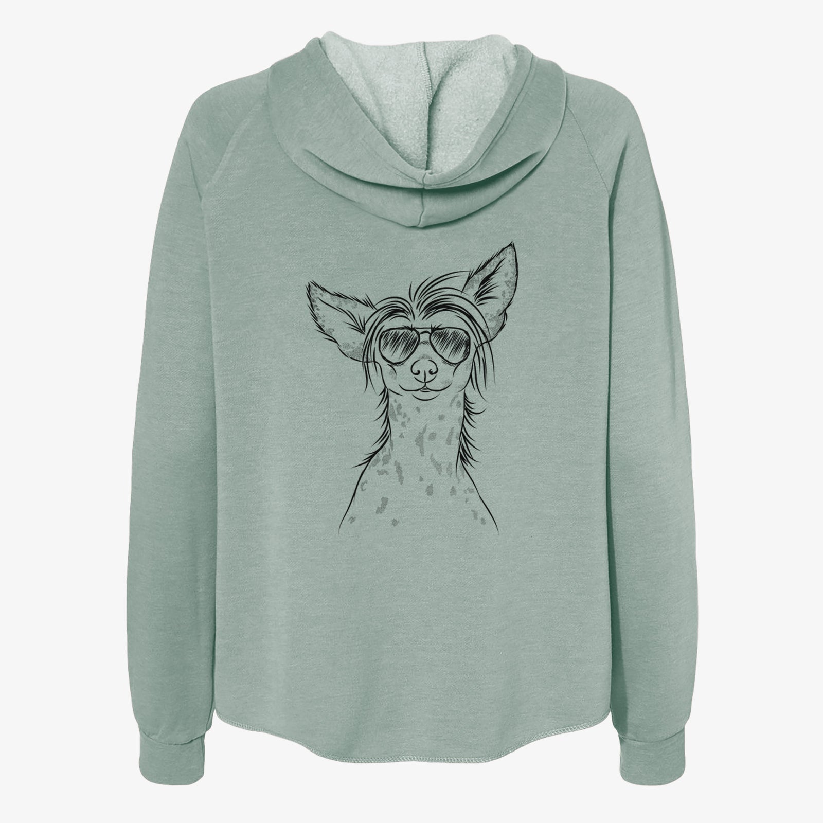 Hand-drawn sketch of Hudson the Chinese Crested wearing aviator sunglasses on a Sage Women's cali wave zip-up sweatshirt