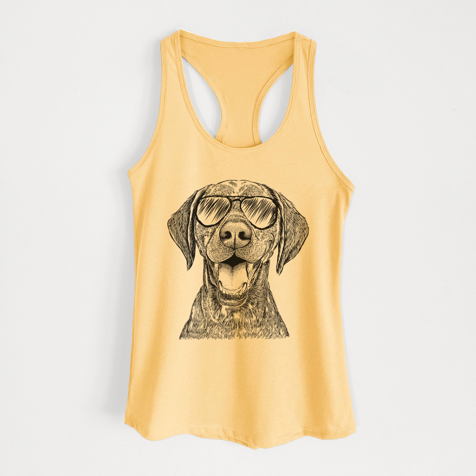Hand-drawn sketch of Hudson the German Shorthaired Pointer wearing aviator sunglasses on a Banana Cream Women's racerback tanktop