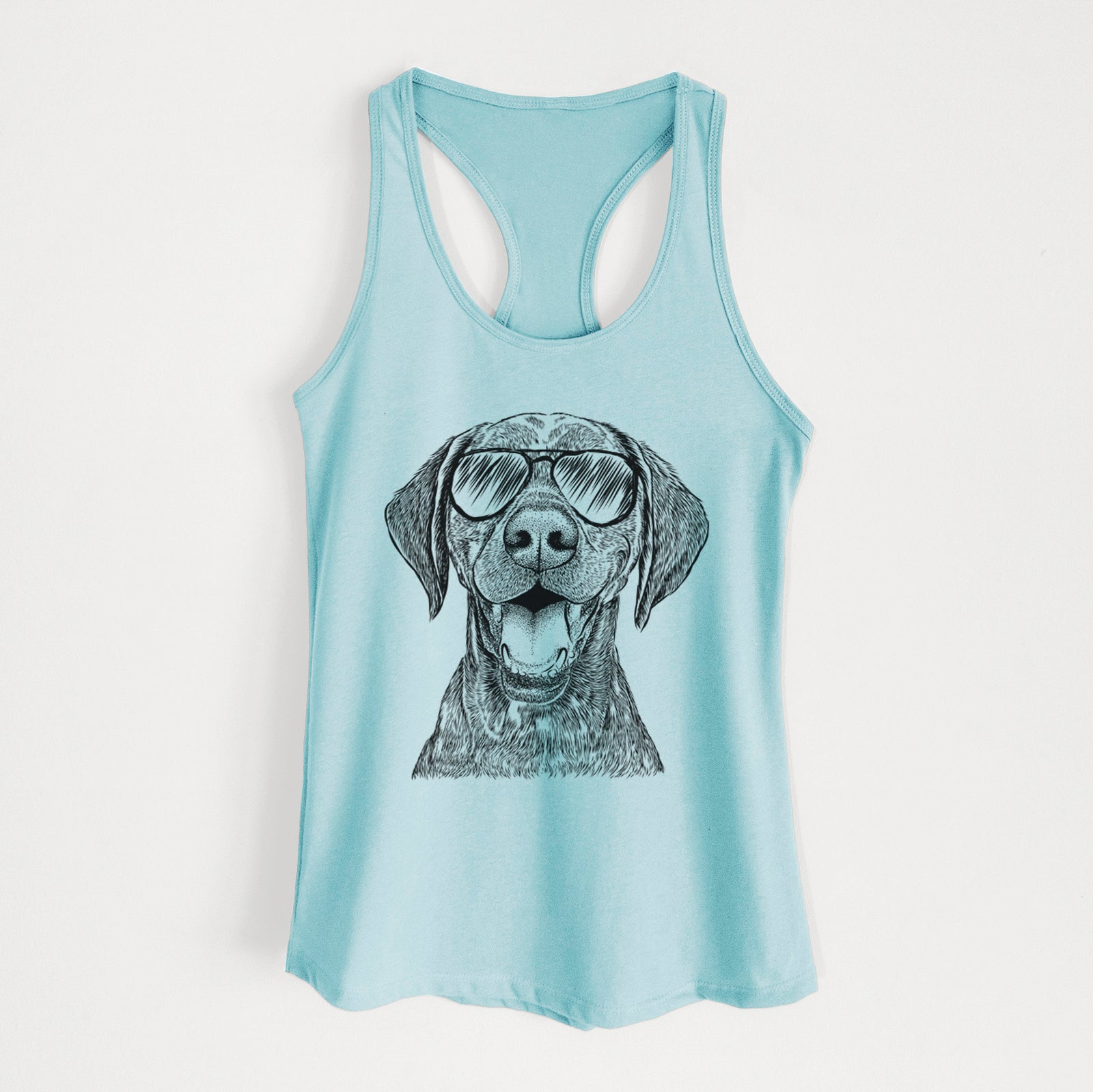 Hand-drawn sketch of Hudson the German Shorthaired Pointer wearing aviator sunglasses on a Cancun Blue Women's racerback tanktop