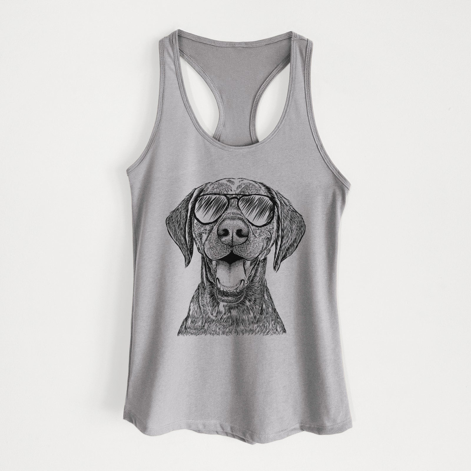 Hand-drawn sketch of Hudson the German Shorthaired Pointer wearing aviator sunglasses on a Heather Grey Women's racerback tanktop