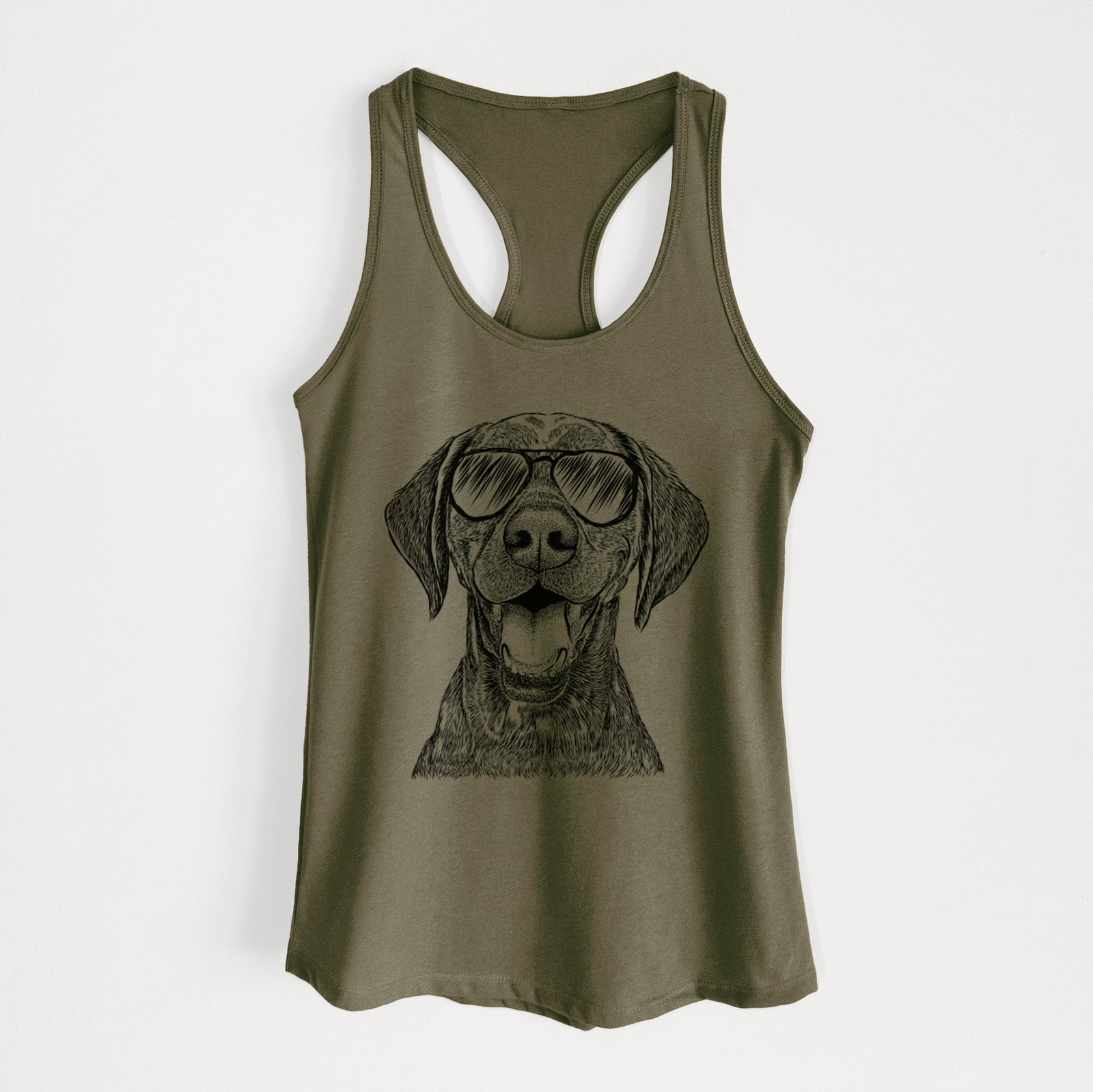 Hand-drawn sketch of Hudson the German Shorthaired Pointer wearing aviator sunglasses on a Military Green Women's racerback tanktop
