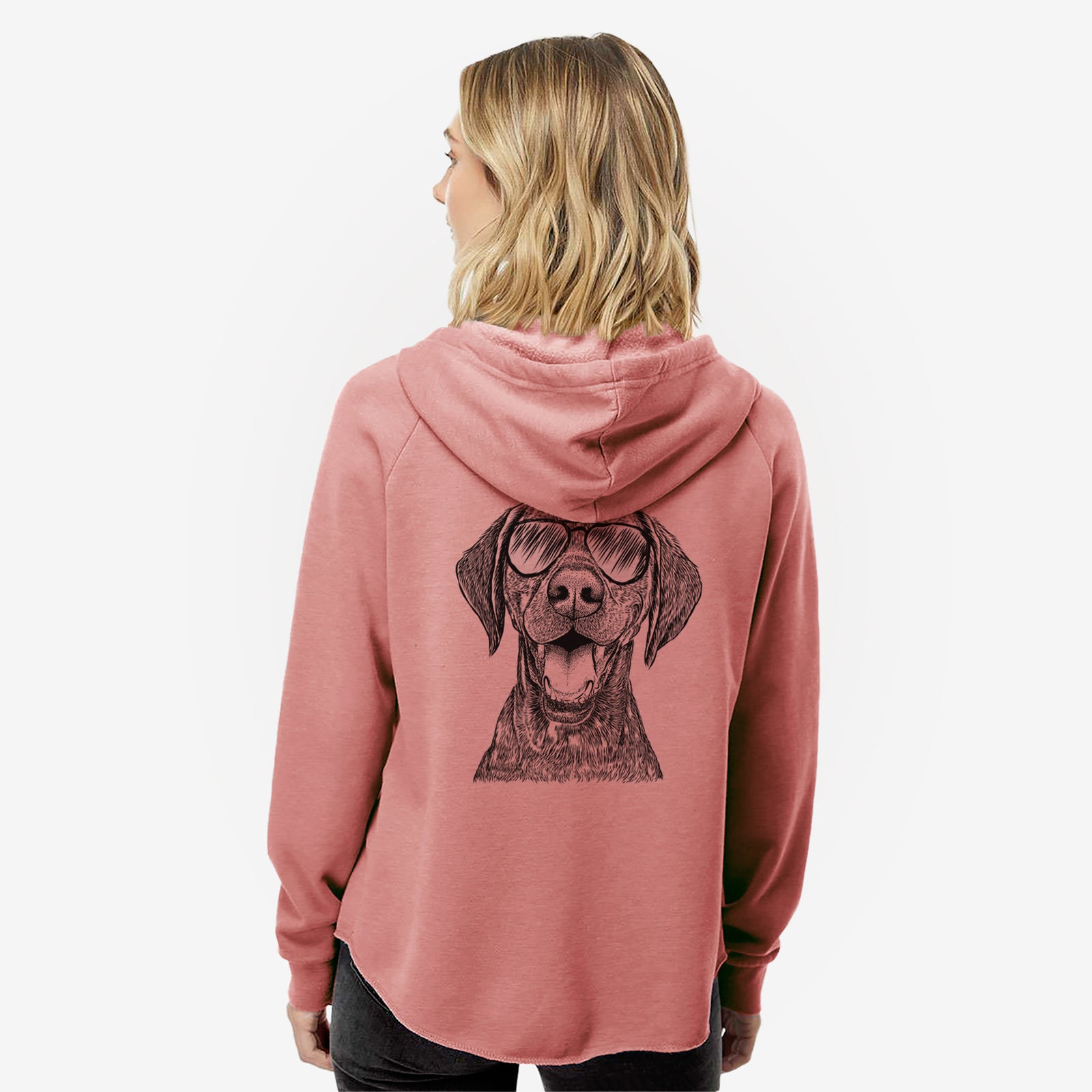 Hand-drawn sketch of Hudson the German Shorthaired Pointer wearing aviator sunglasses on a Dusty Rose Women's cali wave zip-up sweatshirt