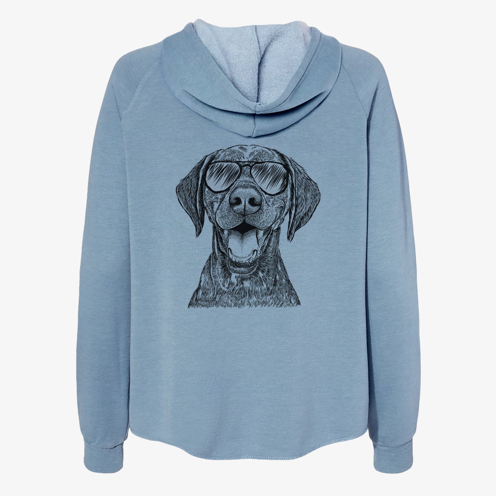 Hand-drawn sketch of Hudson the German Shorthaired Pointer wearing aviator sunglasses on a Misty Blue Women's cali wave zip-up sweatshirt