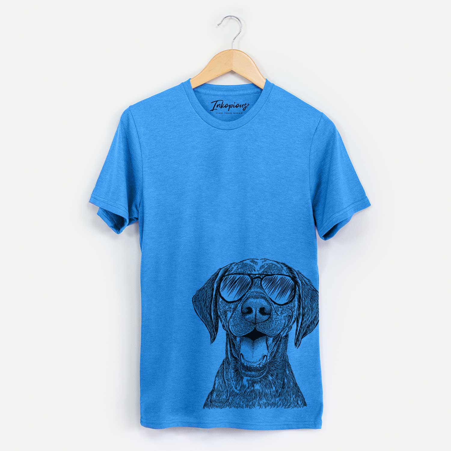 Hand-drawn sketch of Hudson the German Shorthaired Pointer wearing aviator sunglasses on a Blue Unisex crewneck