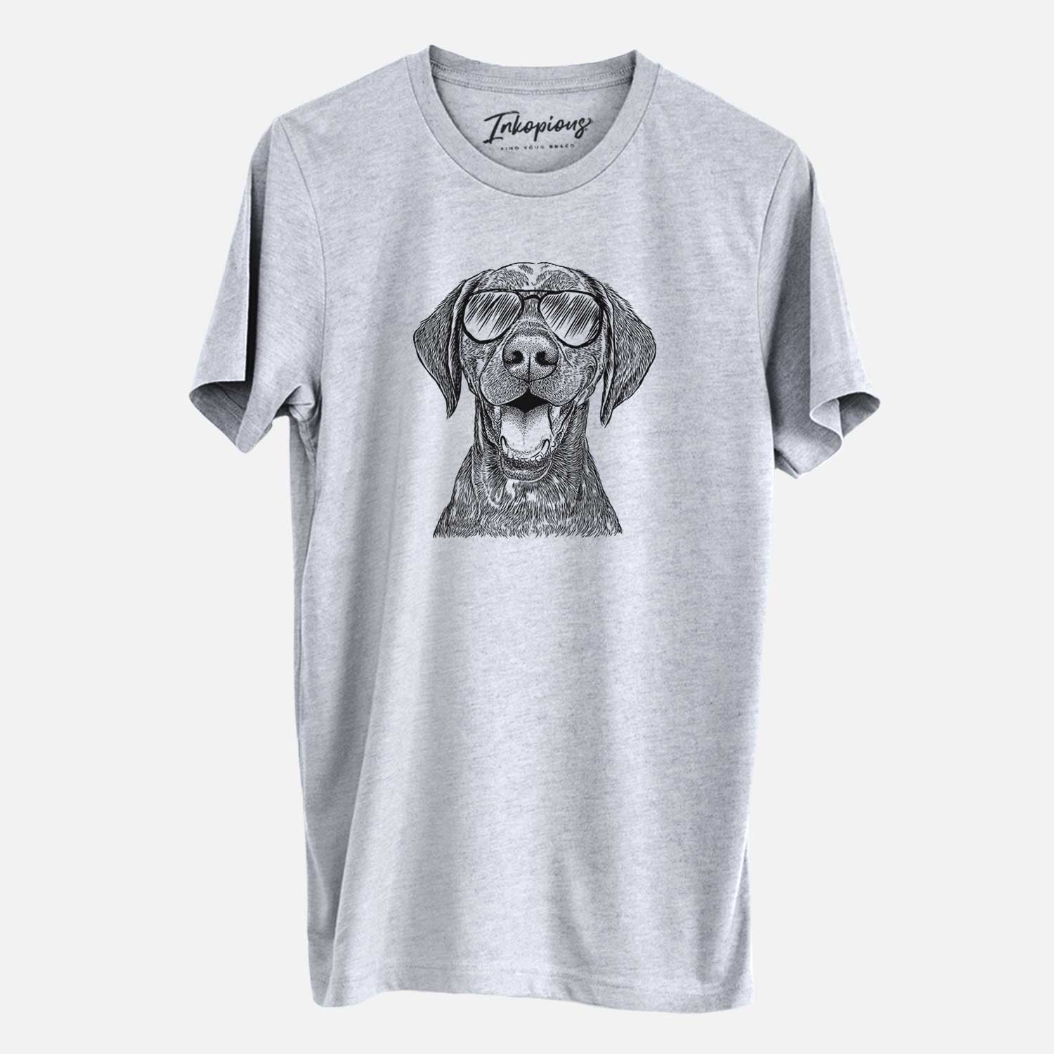 Hand-drawn sketch of Hudson the German Shorthaired Pointer wearing aviator sunglasses on a Grey Unisex crewneck