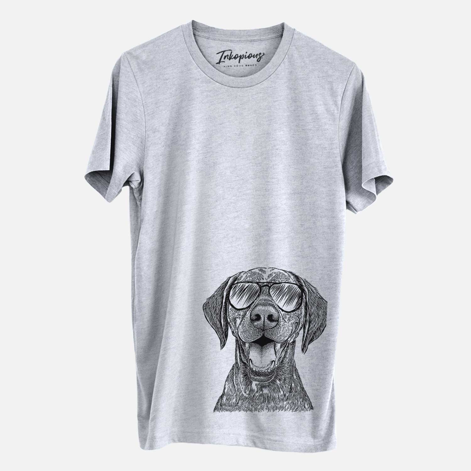 Hand-drawn sketch of Hudson the German Shorthaired Pointer wearing aviator sunglasses on a Grey Unisex crewneck