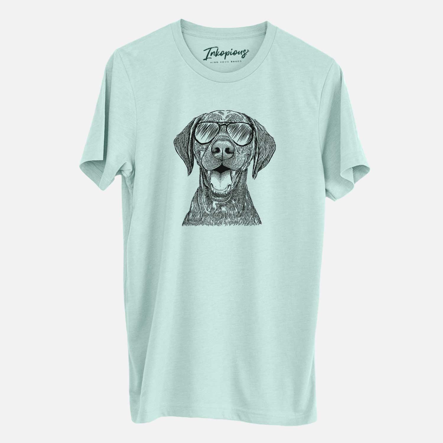Hand-drawn sketch of Hudson the German Shorthaired Pointer wearing aviator sunglasses on a Heather Sage Unisex crewneck