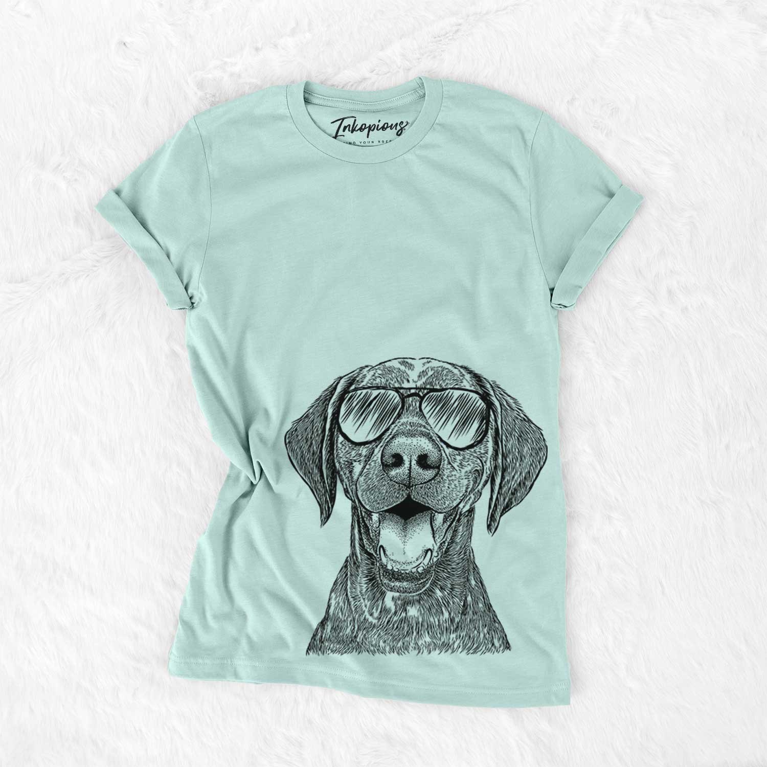Hand-drawn sketch of Hudson the German Shorthaired Pointer wearing aviator sunglasses on a Heather Sage Unisex crewneck